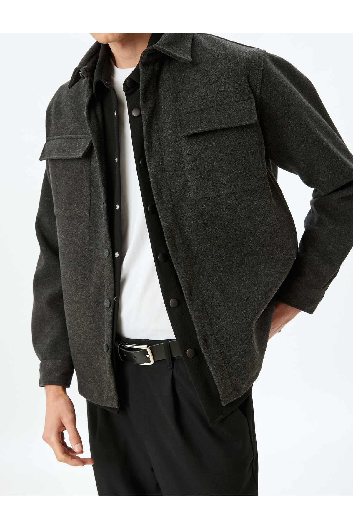 آستین بلند ویسکوز ترکیبی جیب کت پیراهن مفصل