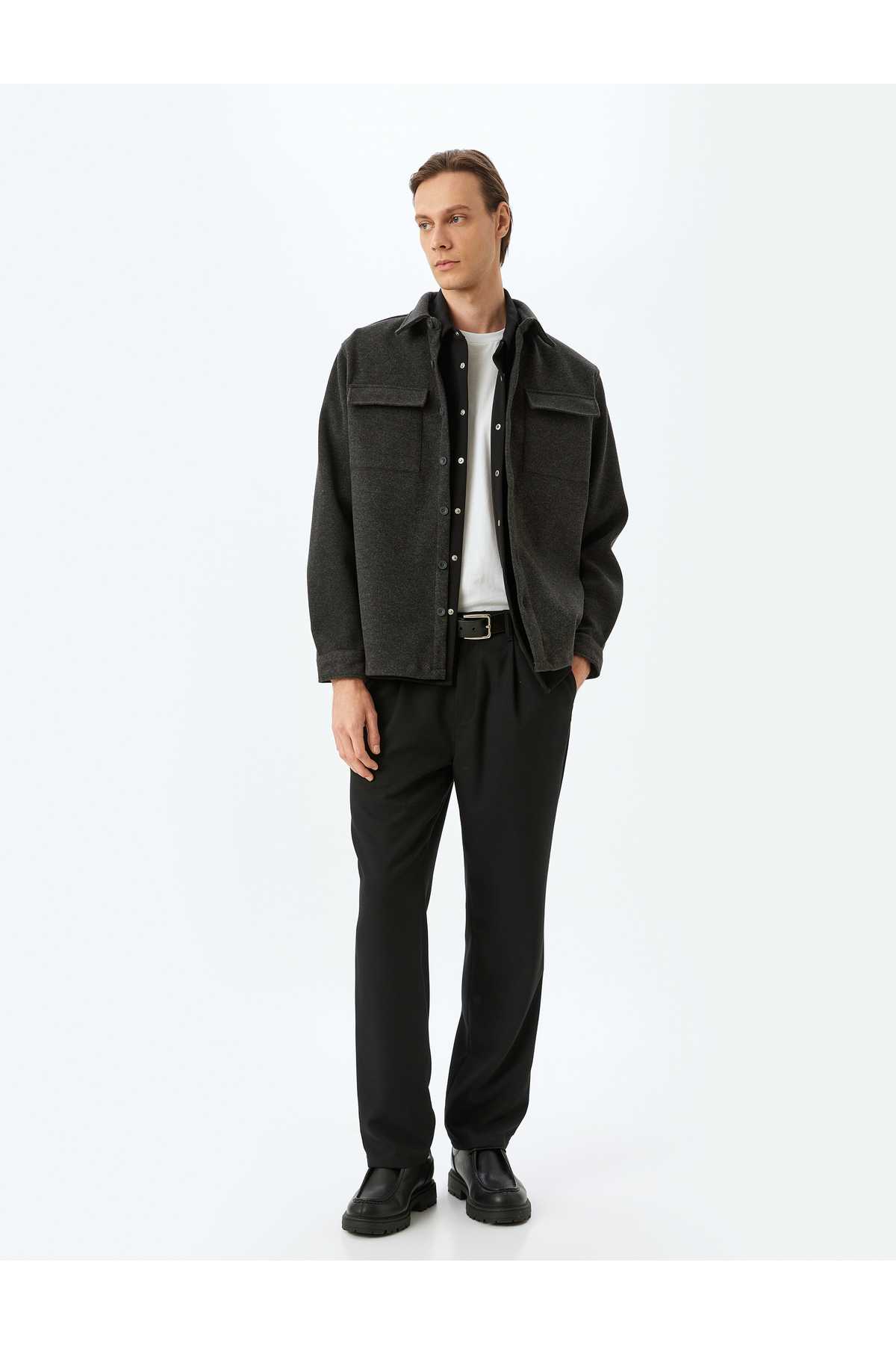 آستین بلند ویسکوز ترکیبی جیب کت پیراهن مفصل