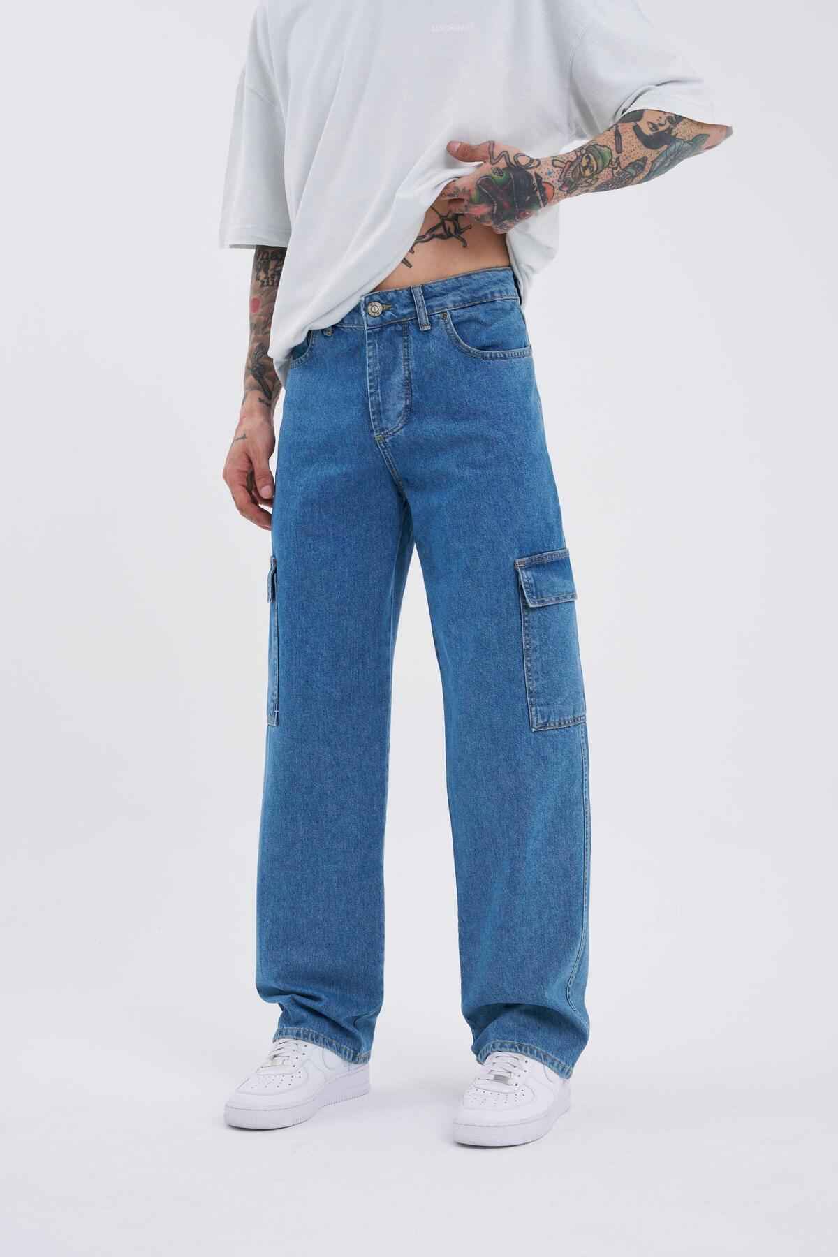 شلوار جین گشاد با جیبی باری آبی دریایی