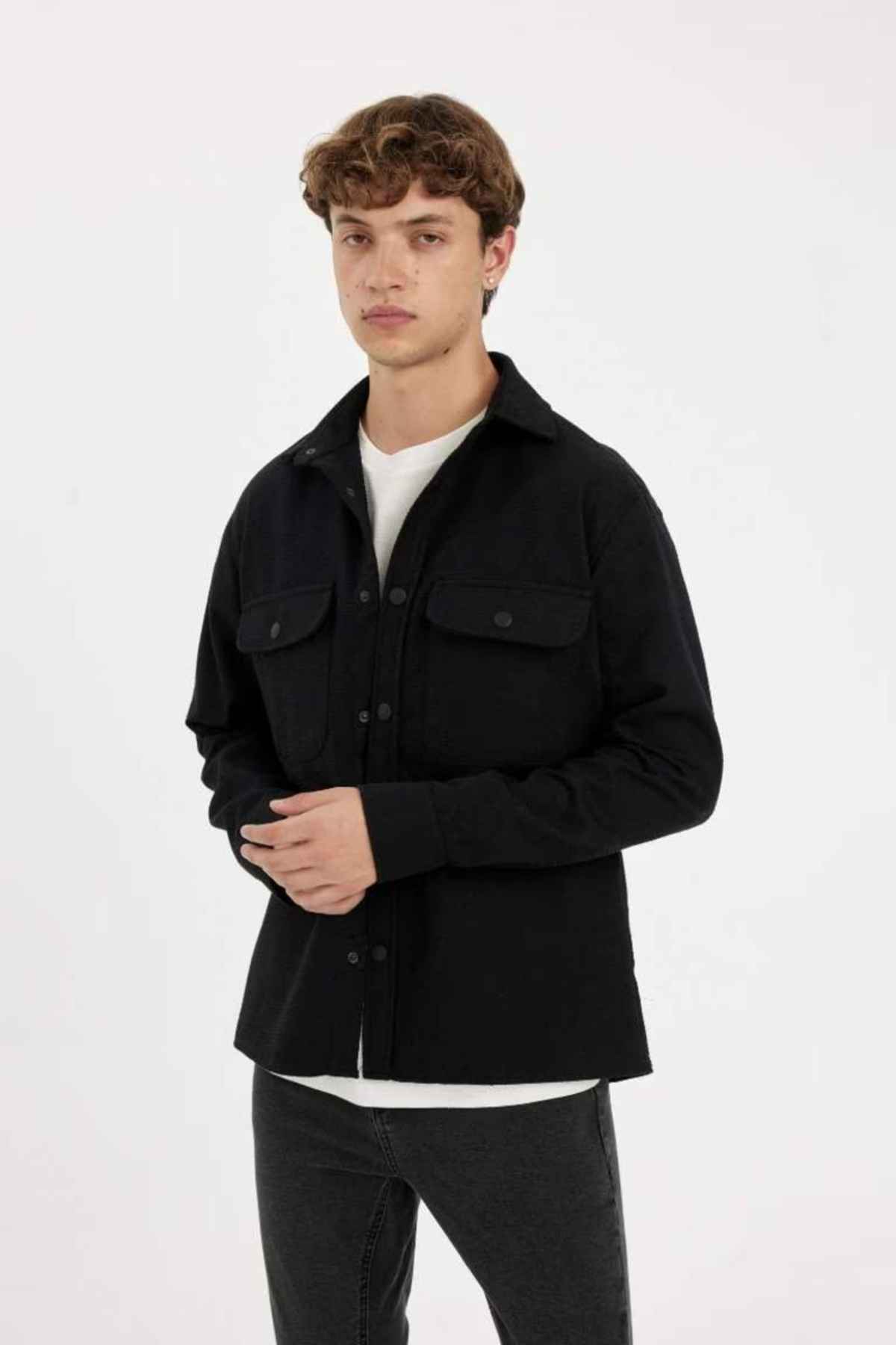 پارچه یقه تناسب پارچه پارچه وافل پارچه ای مسطح پیراهن آستین بلند A6872AX24AU