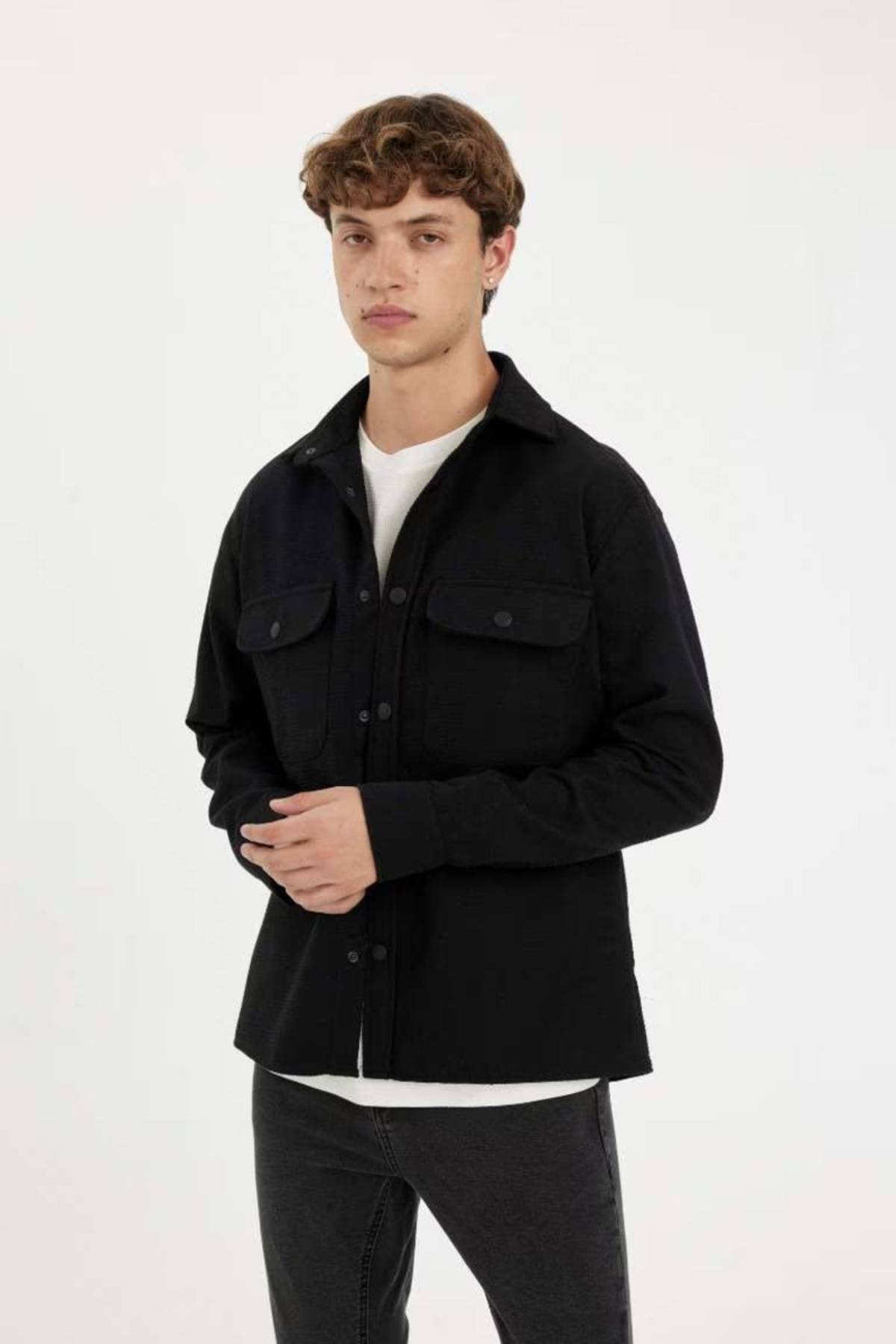 پارچه یقه تناسب پارچه پارچه وافل پارچه ای مسطح پیراهن آستین بلند A6872AX24AU