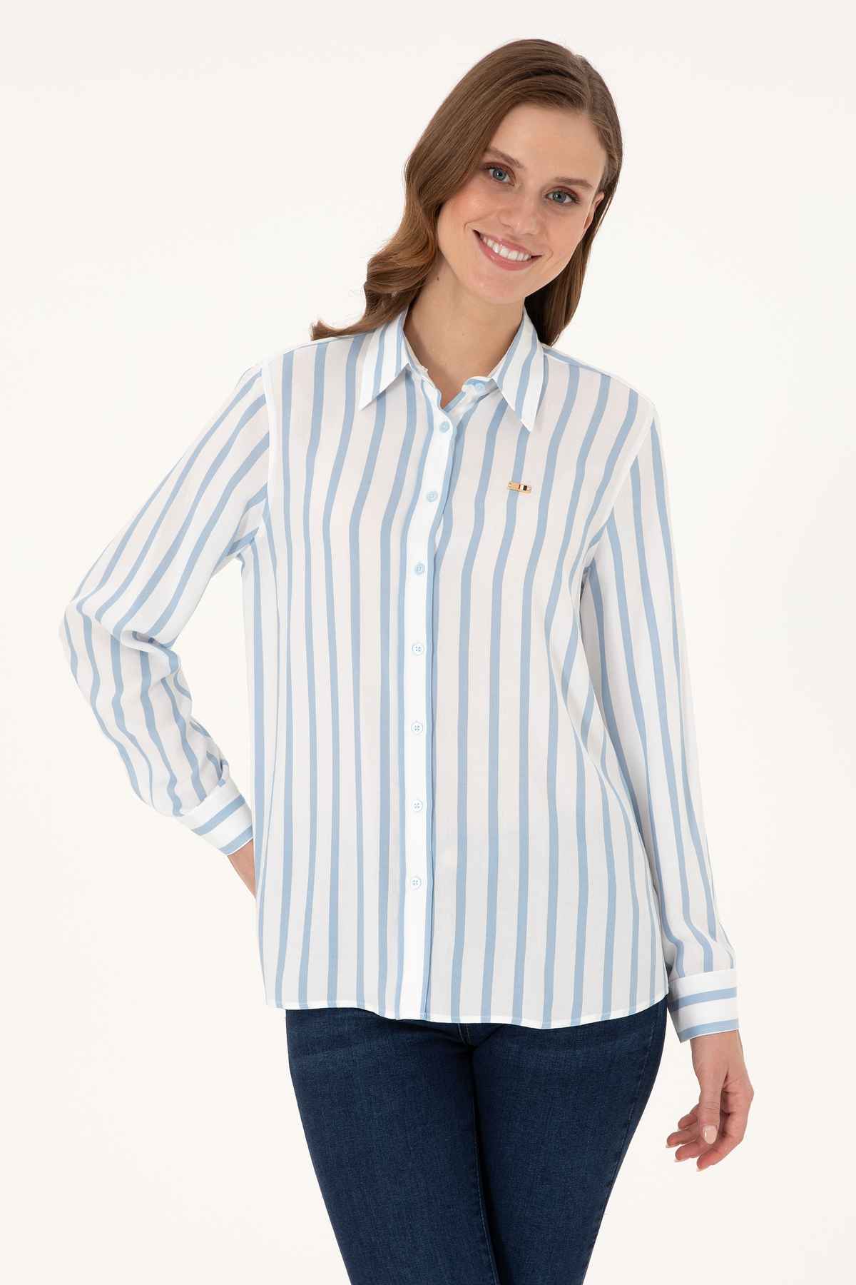 پیراهن آستین بلند راه راه سفید زنانه 50297122-vr013