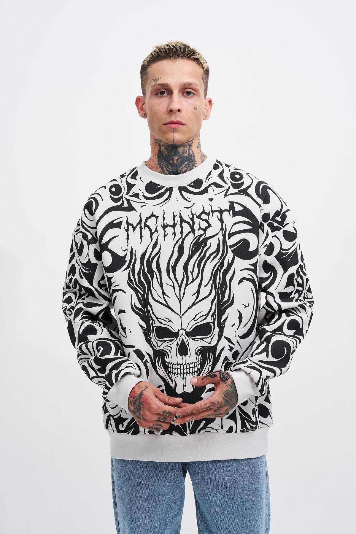 سویشرت مردانه با چاپ جمجمه خاکستری سایز بزرگ