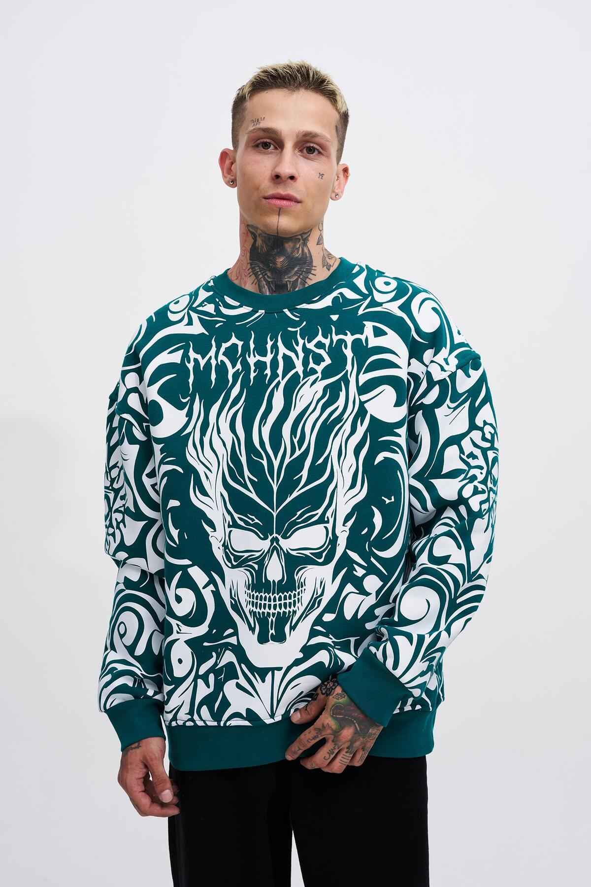 سویشرت مردانه با چاپ جمجمه خاکستری سایز بزرگ