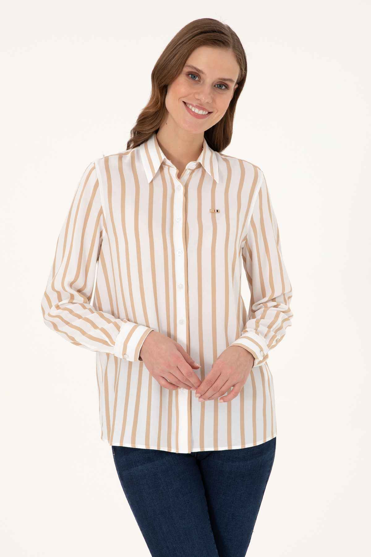 پیراهن آستین بلند راه راه سفید زنانه 50297122-vr013