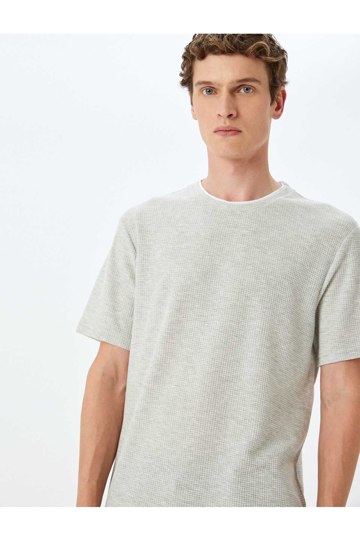 گردن آستین کوتاه بافتی با جزئیات پنبه مخلوط دوچرخه مخلوط باریک تناسب T -shirt