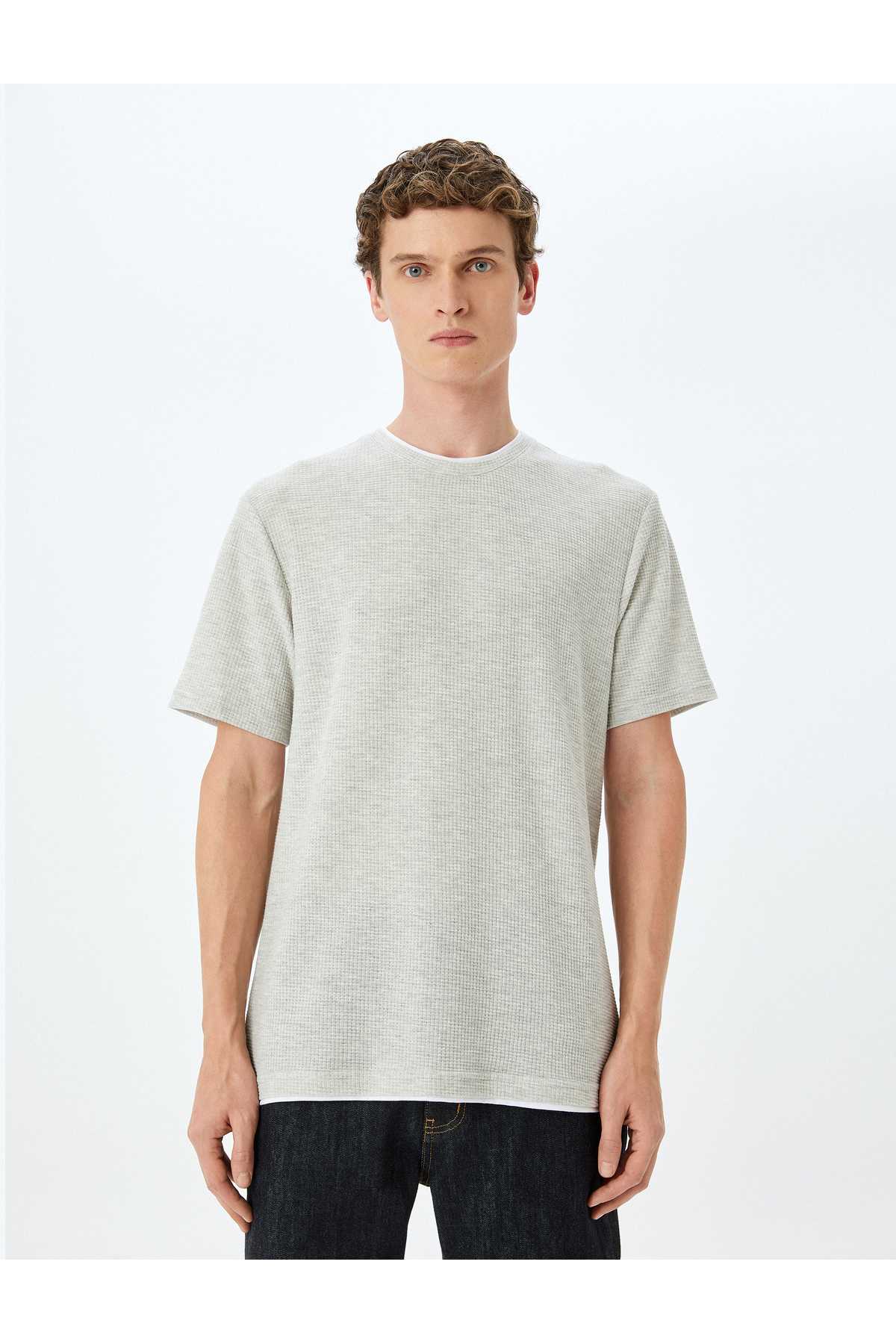 گردن آستین کوتاه بافتی با جزئیات پنبه مخلوط دوچرخه مخلوط باریک تناسب T -shirt