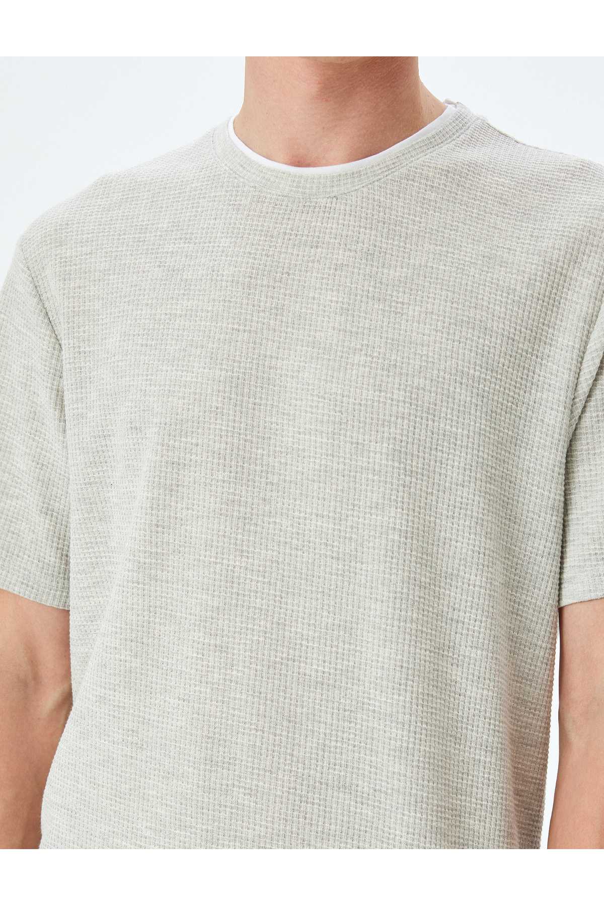 گردن آستین کوتاه بافتی با جزئیات پنبه مخلوط دوچرخه مخلوط باریک تناسب T -shirt