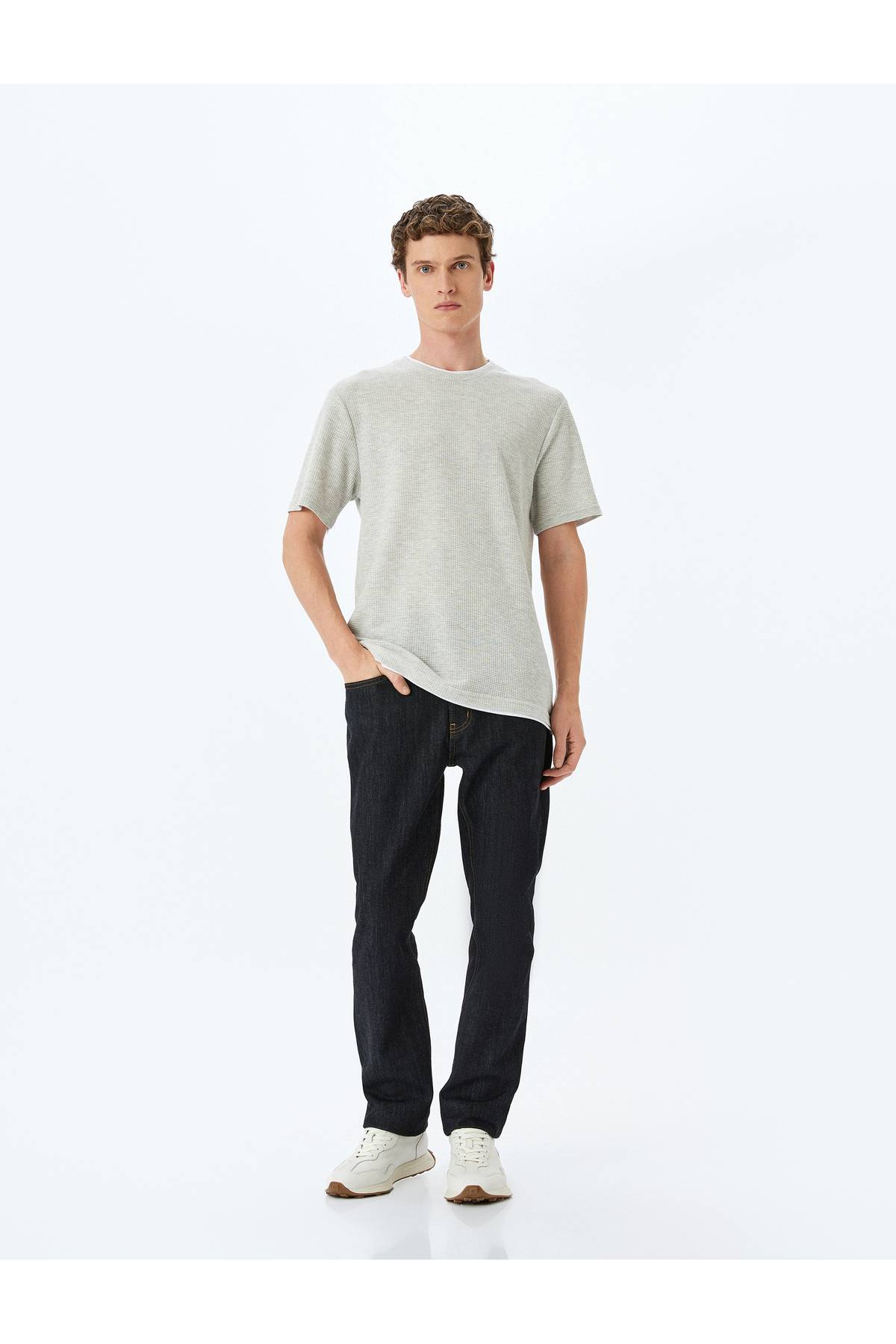 گردن آستین کوتاه بافتی با جزئیات پنبه مخلوط دوچرخه مخلوط باریک تناسب T -shirt