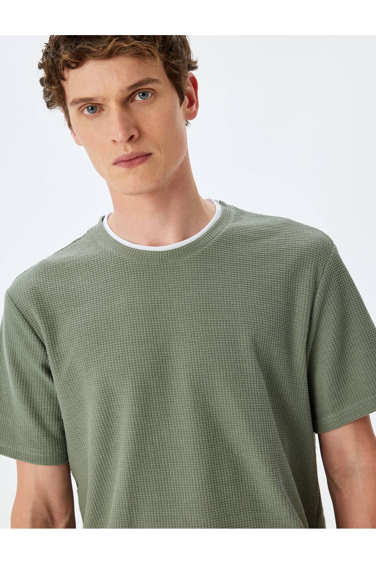 گردن آستین کوتاه بافتی با جزئیات پنبه مخلوط دوچرخه مخلوط باریک تناسب T -shirt