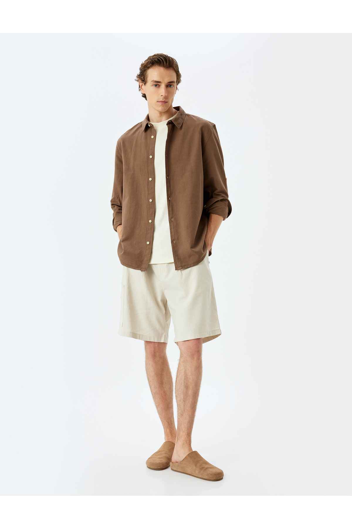 شلوارک ترکیبی کتانی برمودا چینو با جزئیات جیبی