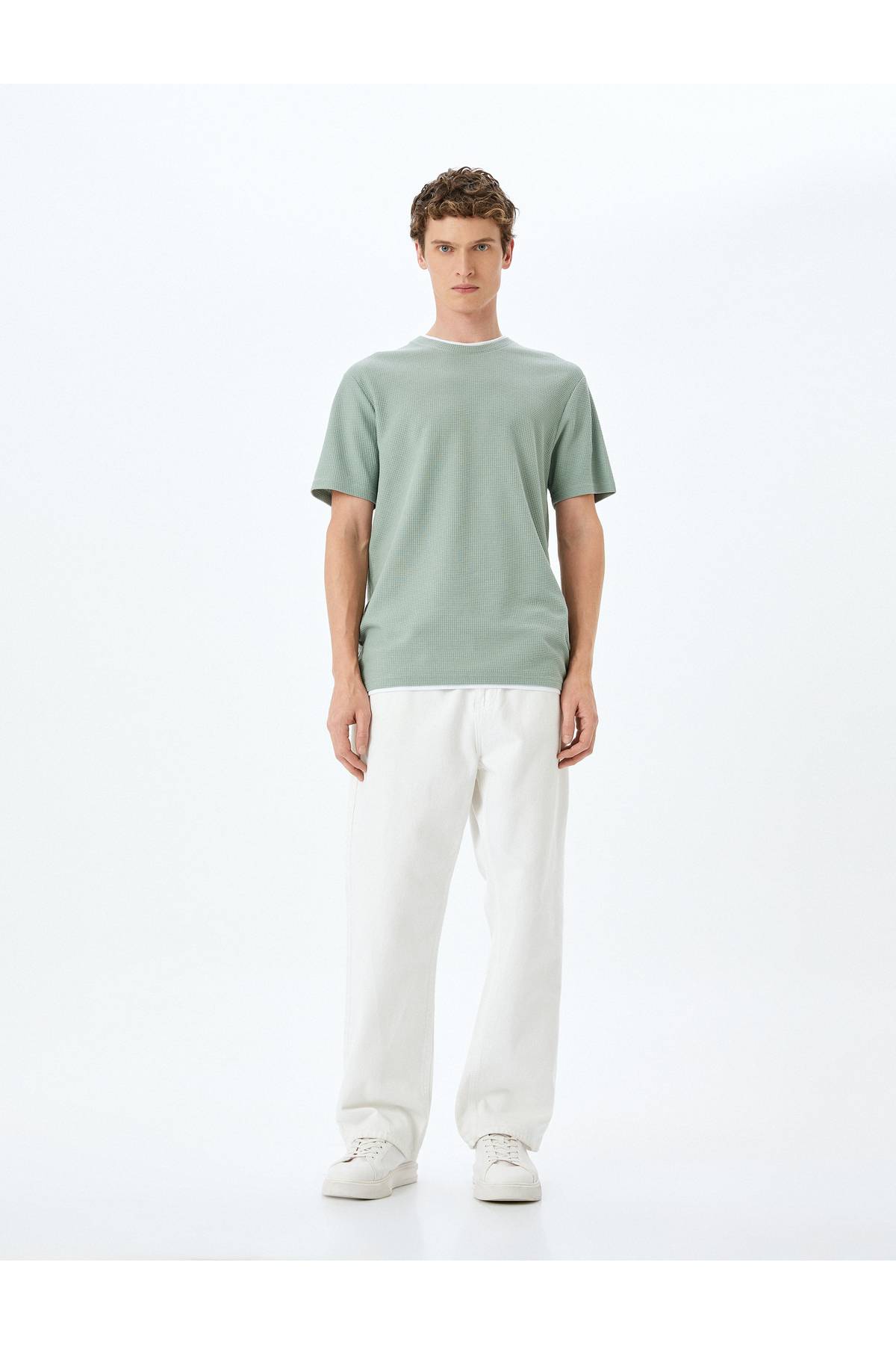 گردن آستین کوتاه بافتی با جزئیات پنبه مخلوط دوچرخه مخلوط باریک تناسب T -shirt