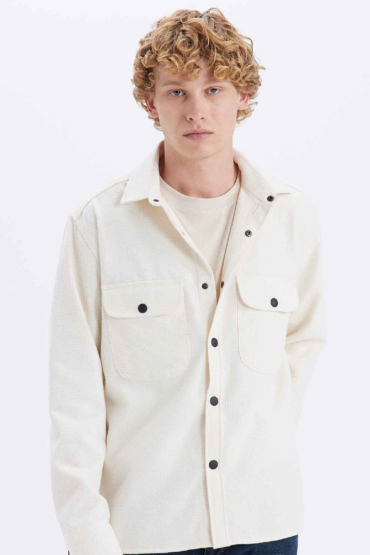 پارچه یقه تناسب پارچه پارچه وافل پارچه ای مسطح پیراهن آستین بلند A6872AX24AU