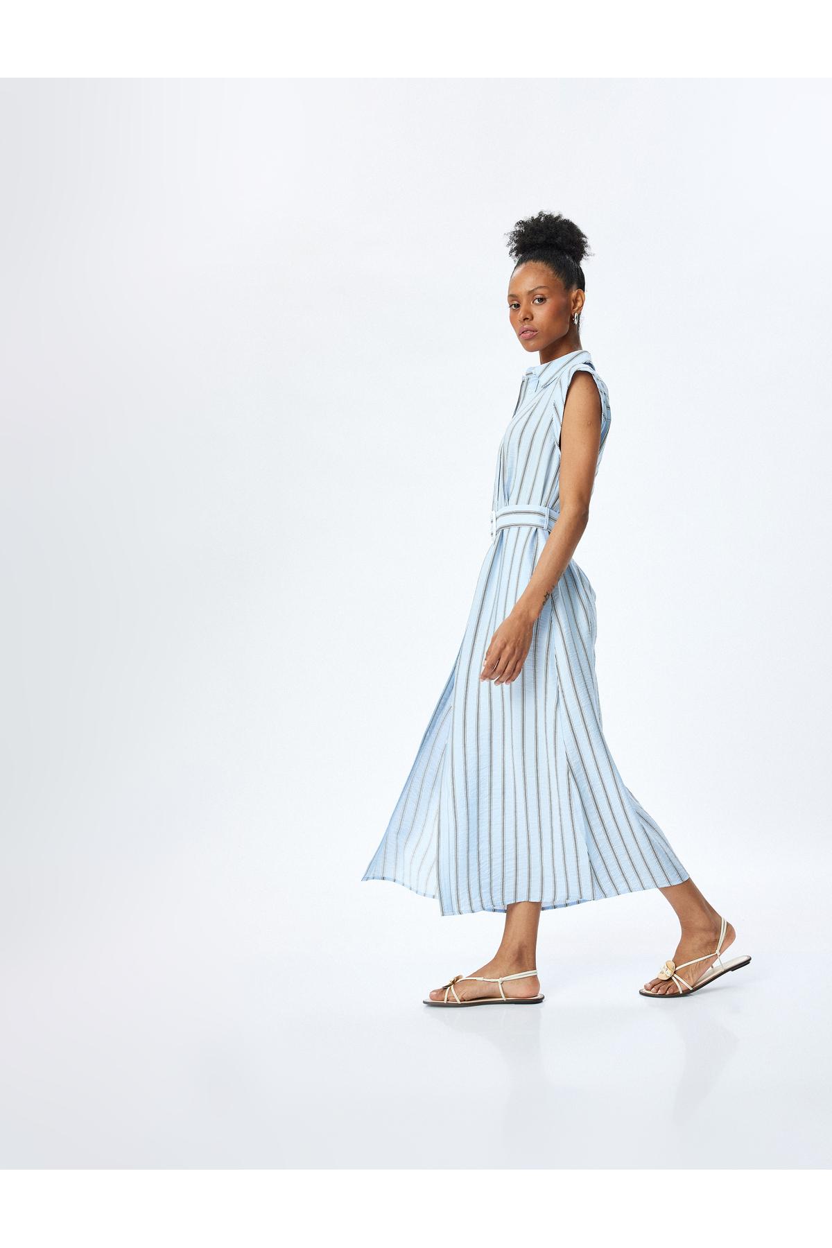 پیراهن راه راه بلند بی آستین با کمربند پارچه ای ویسکوز