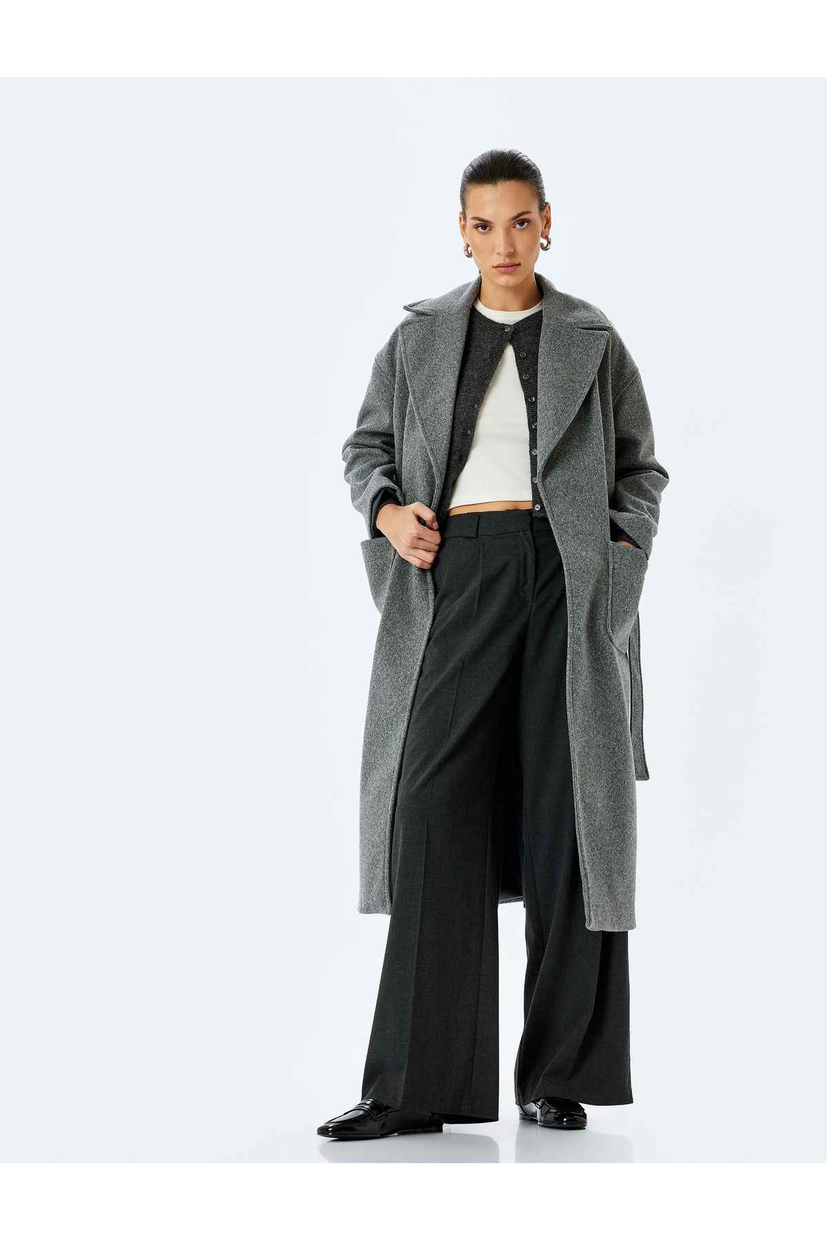 کت ترمه بلند دو سینه با جیب و جزئیات کمربند