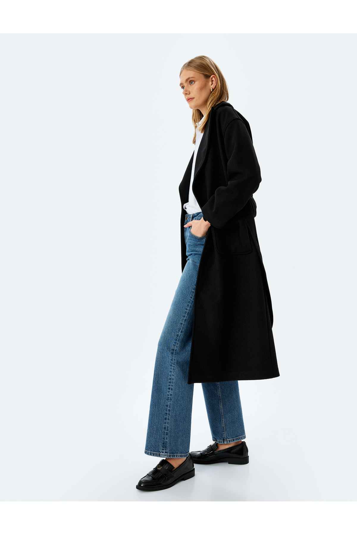 کت ترمه بلند دو سینه با جیب و جزئیات کمربند