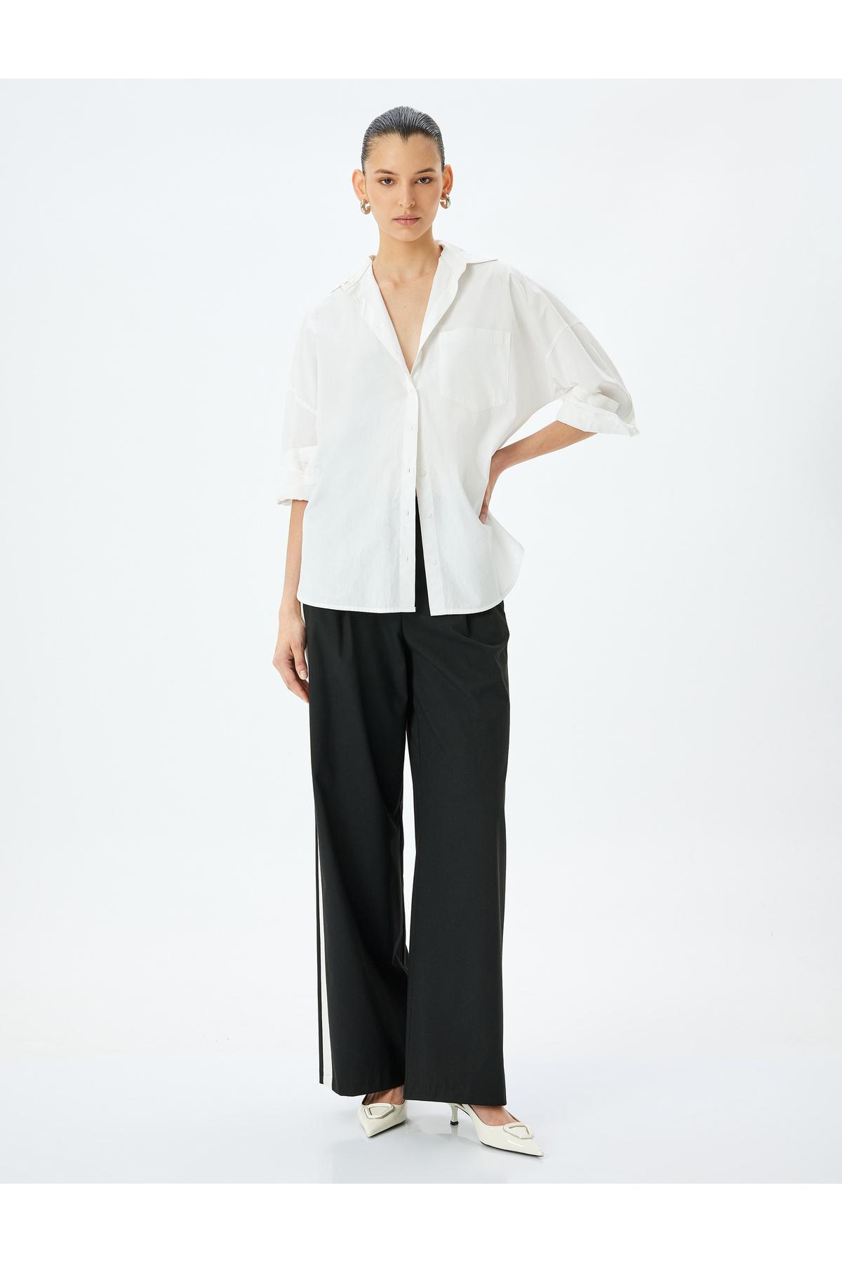 کمر بلند -وایت با یک خط شلوار پارچه ای جیب با جزئیات خط