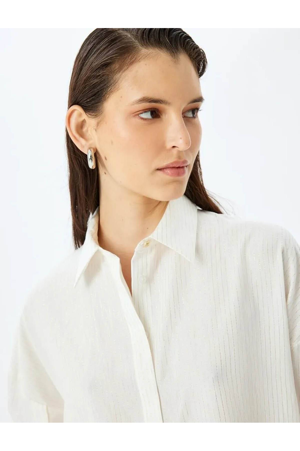 پیراهن زنانه سفید آستین بلند ویسکوز با نخ فلزی 5sak60106uw