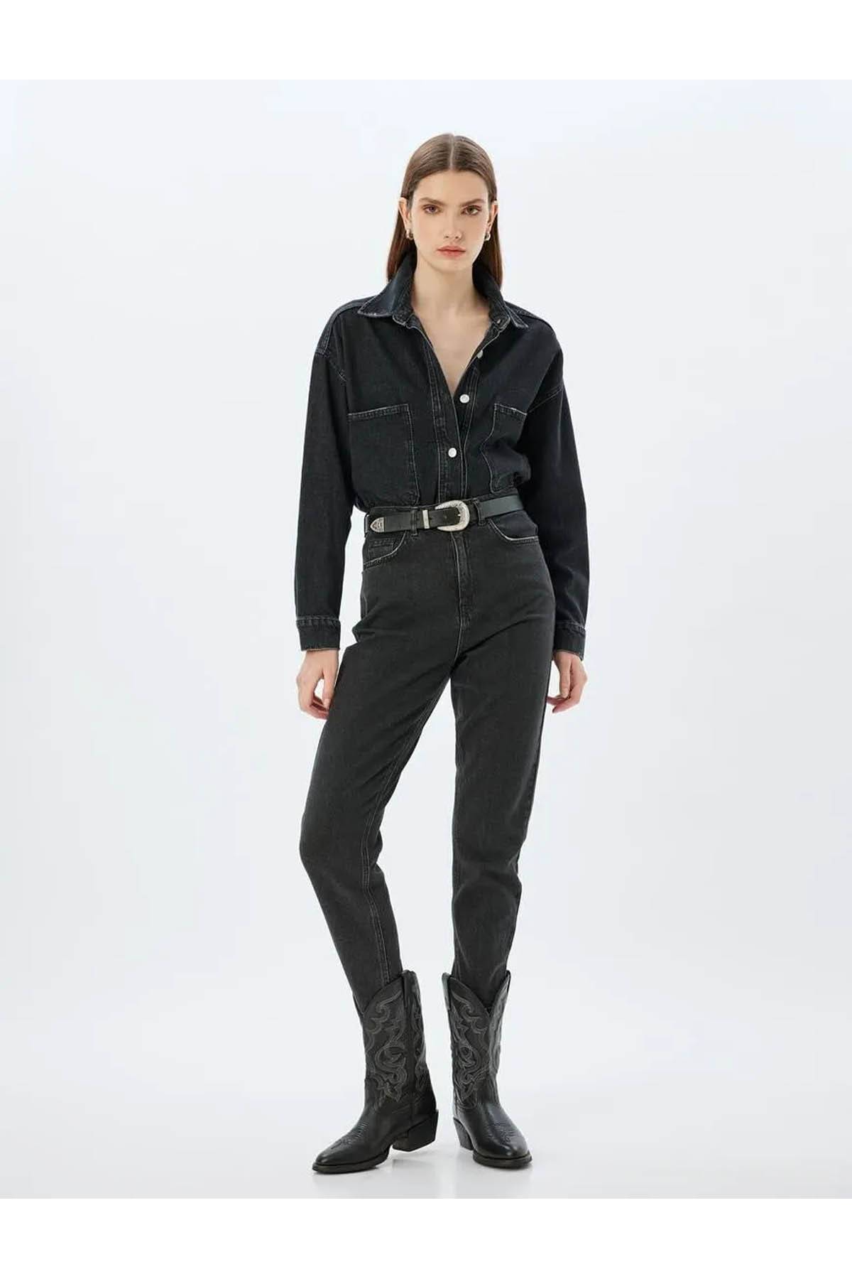 Mom Fit شلوار جین استاندارد کمر کمر دکمه کوتاه پنبه PACKA - شلوار جین مناسب