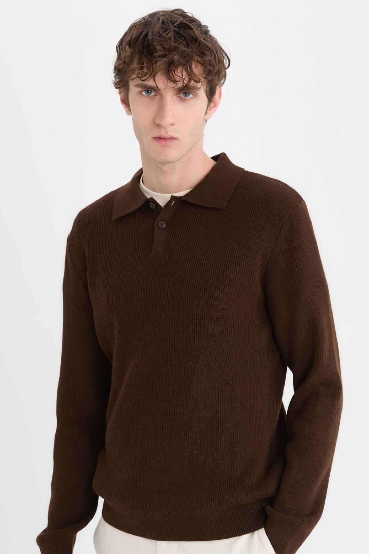 ژاکت بافتنی یقه چوگان برش استاندارد خاکی D3589ax24wn