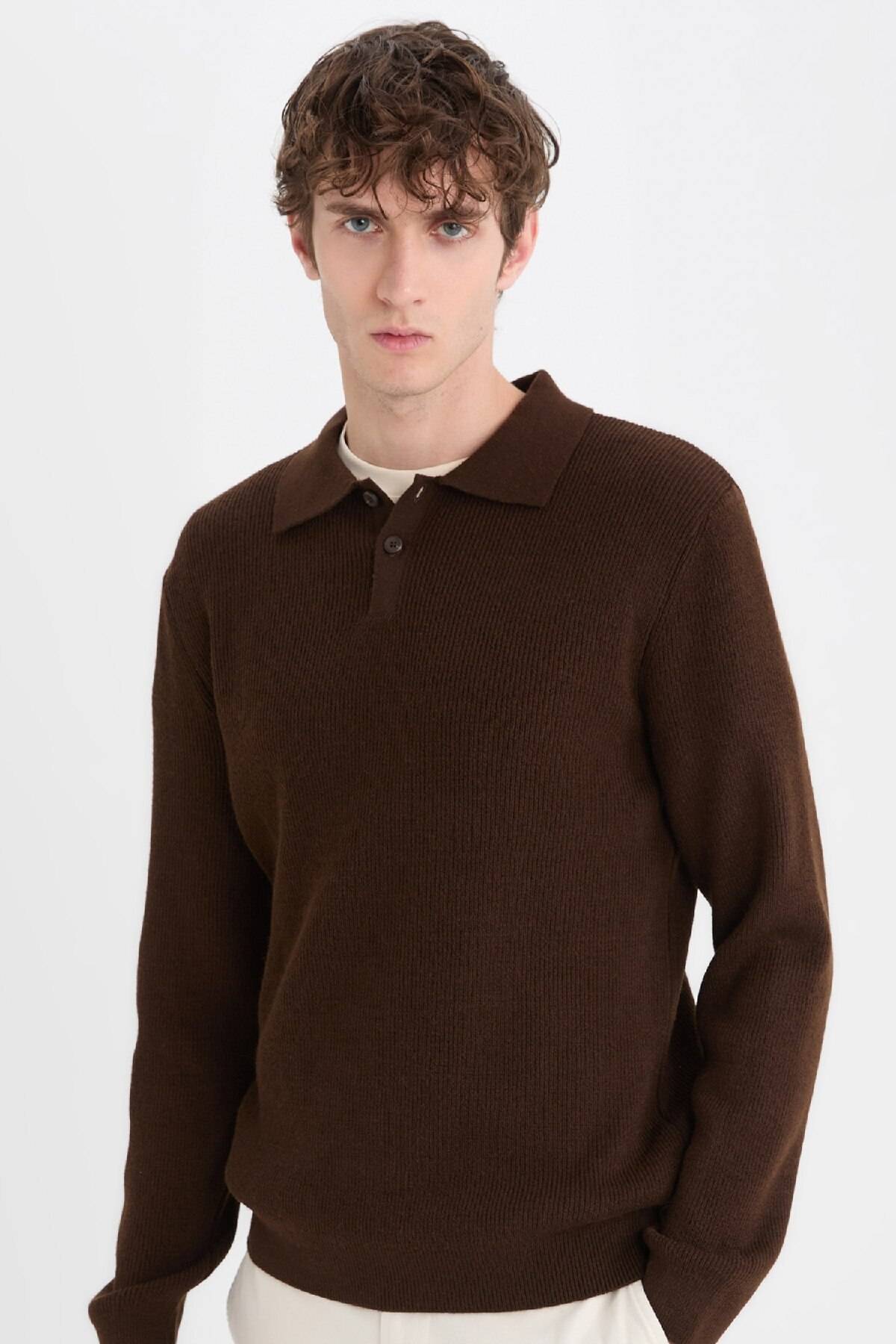 ژاکت بافتنی یقه چوگان برش استاندارد خاکی D3589ax24wn