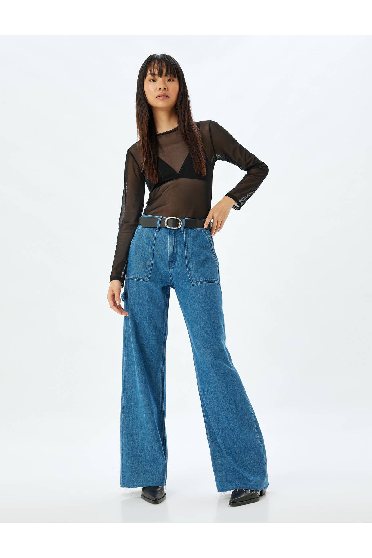 شلوار بزرگ موبایل موبایل با جزئیات کمر معمولی پنبه پنبه - شلوار جین پاها