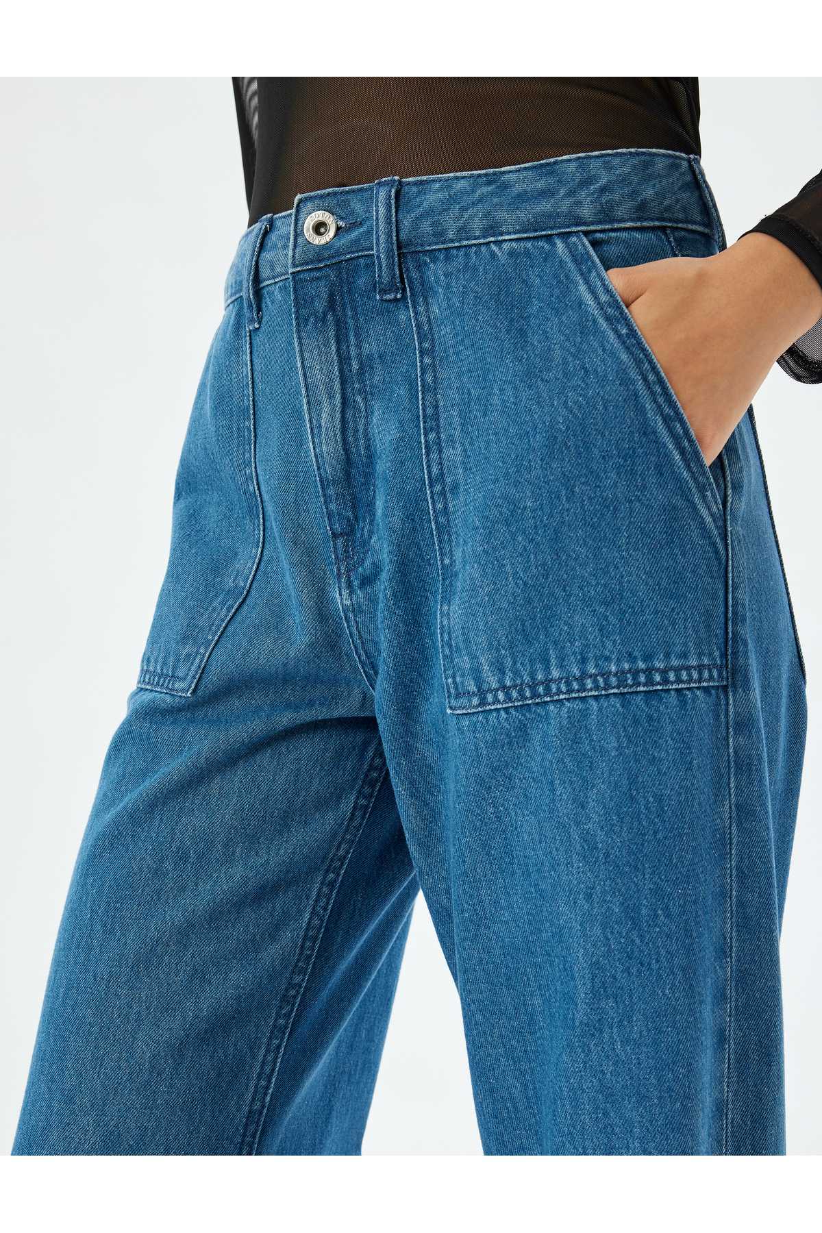 شلوار بزرگ موبایل موبایل با جزئیات کمر معمولی پنبه پنبه - شلوار جین پاها