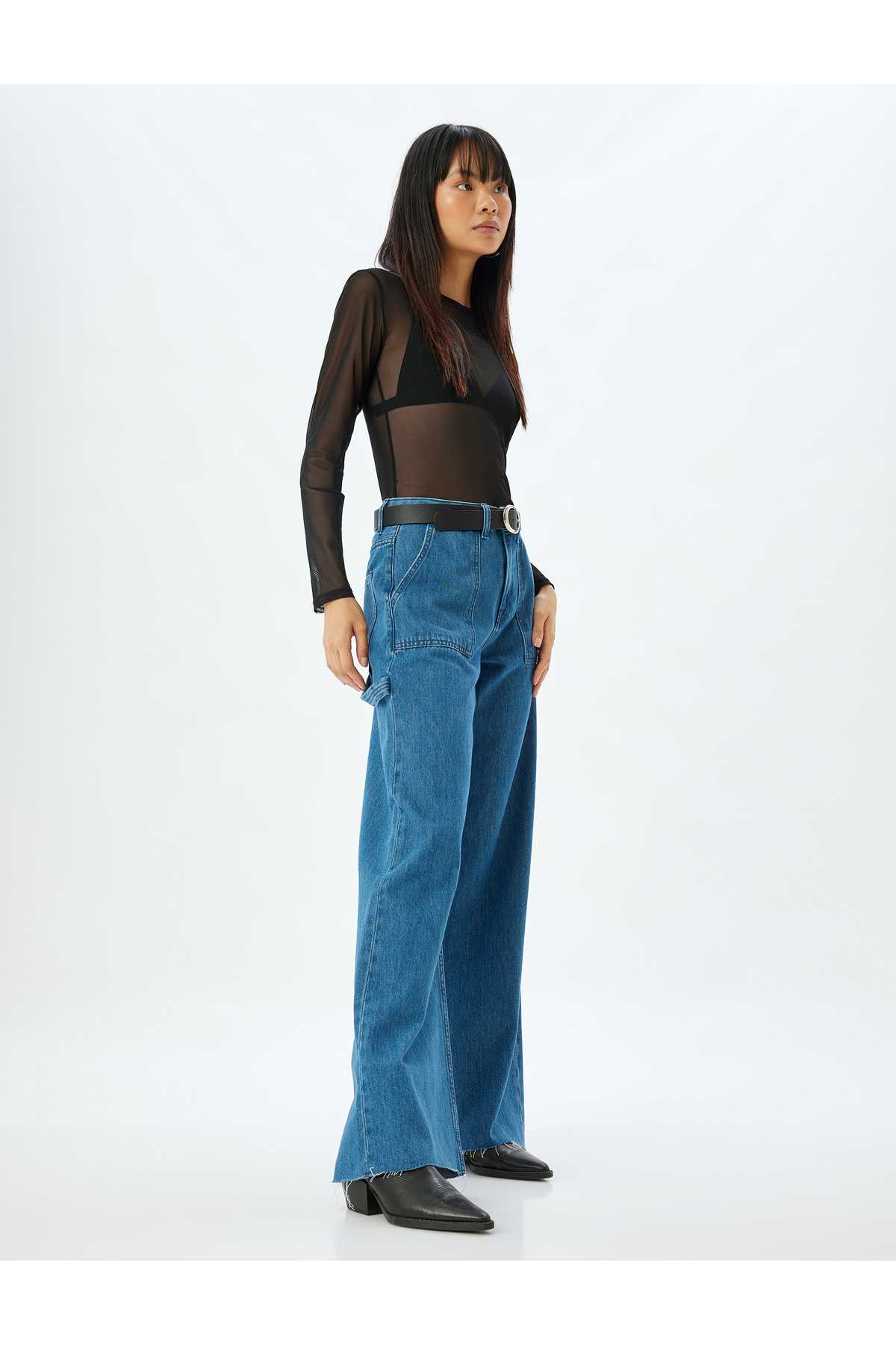 شلوار بزرگ موبایل موبایل با جزئیات کمر معمولی پنبه پنبه - شلوار جین پاها