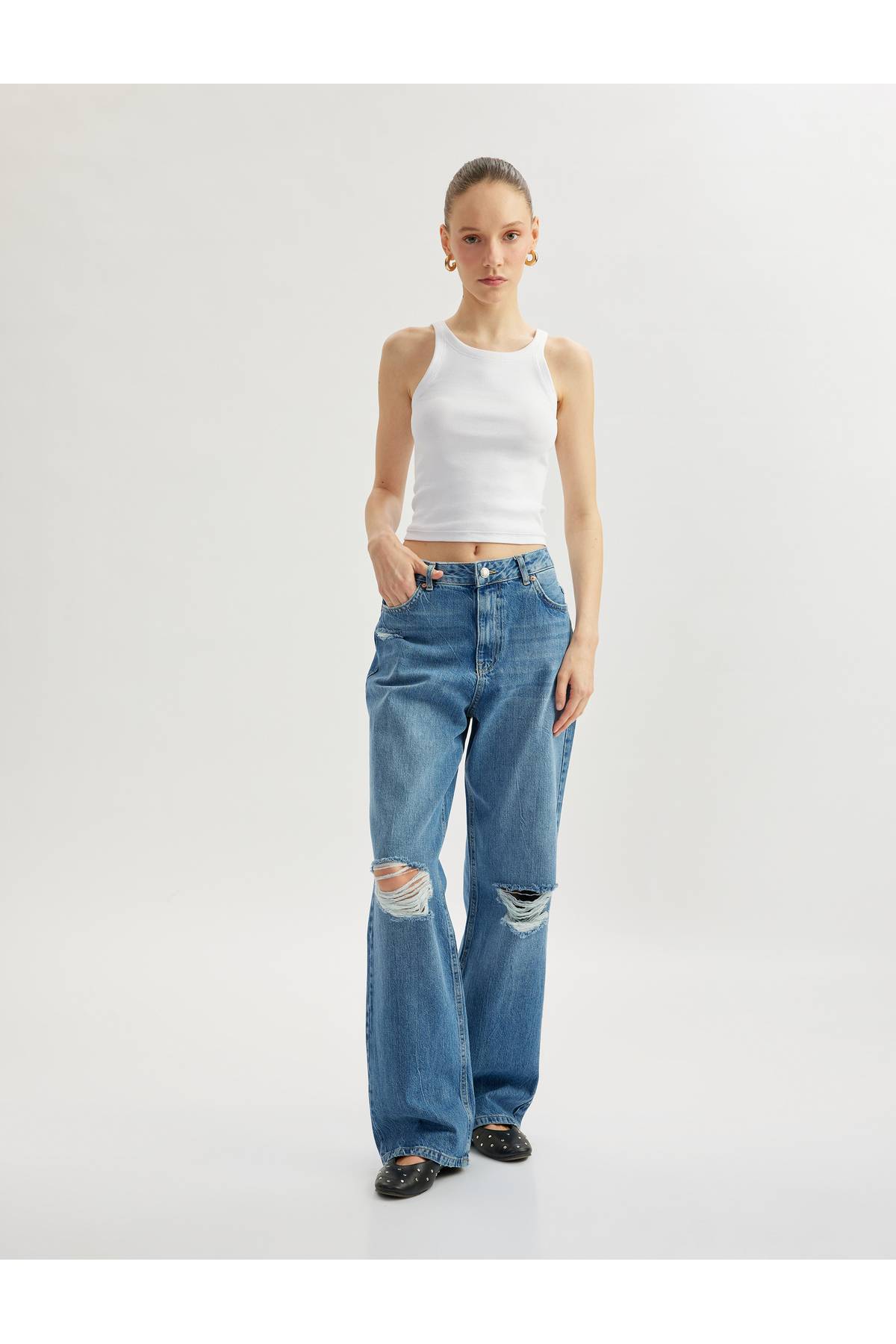 شلوار جین نخی با کمر بلند فرسوده - شلوار جین راسته