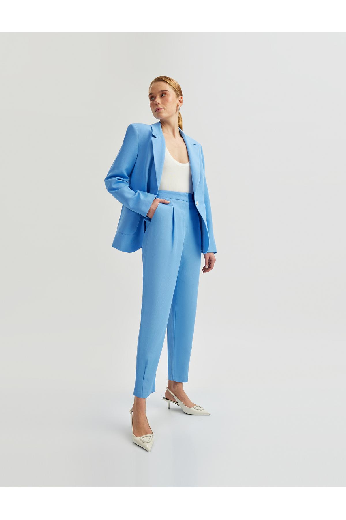 کتانی ترکیبی شلوار هویجی برش کمر بلند با جیب