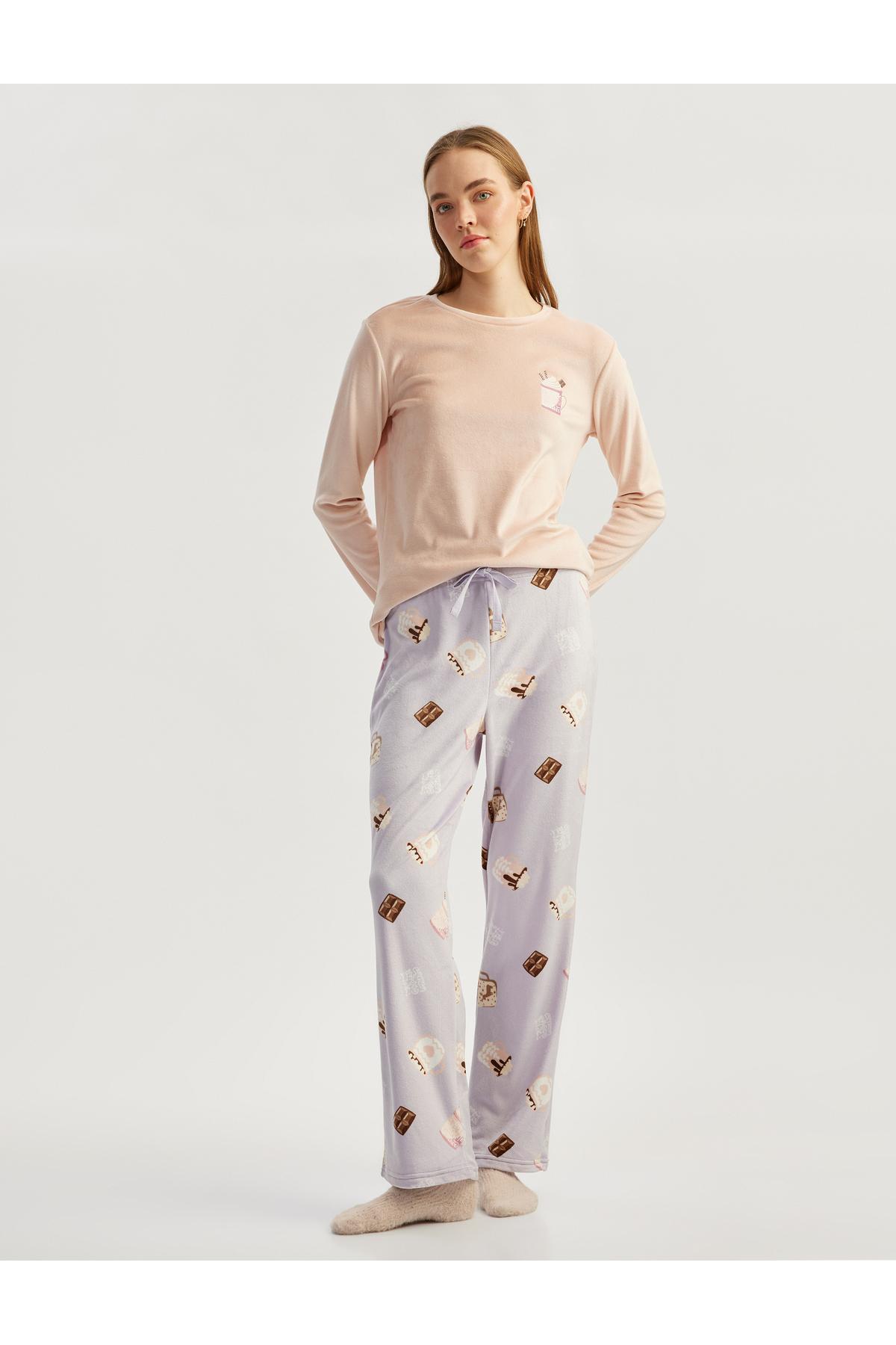 آستین بلند مجموعه لباس خواب مخملی قطبی چاپی