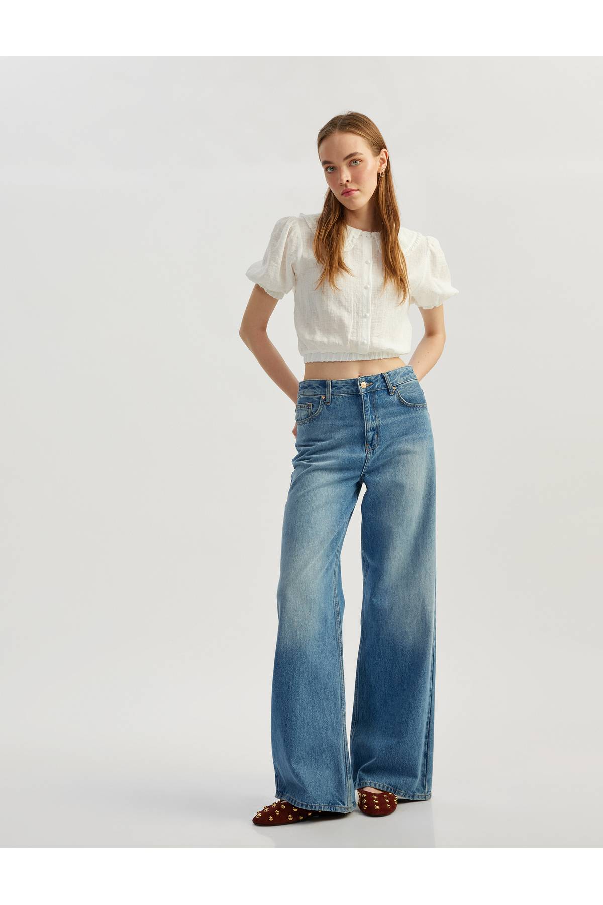 یقه کودک دکمه کوتاه آستین بالون آستین مخلوط بلوز مخلوط