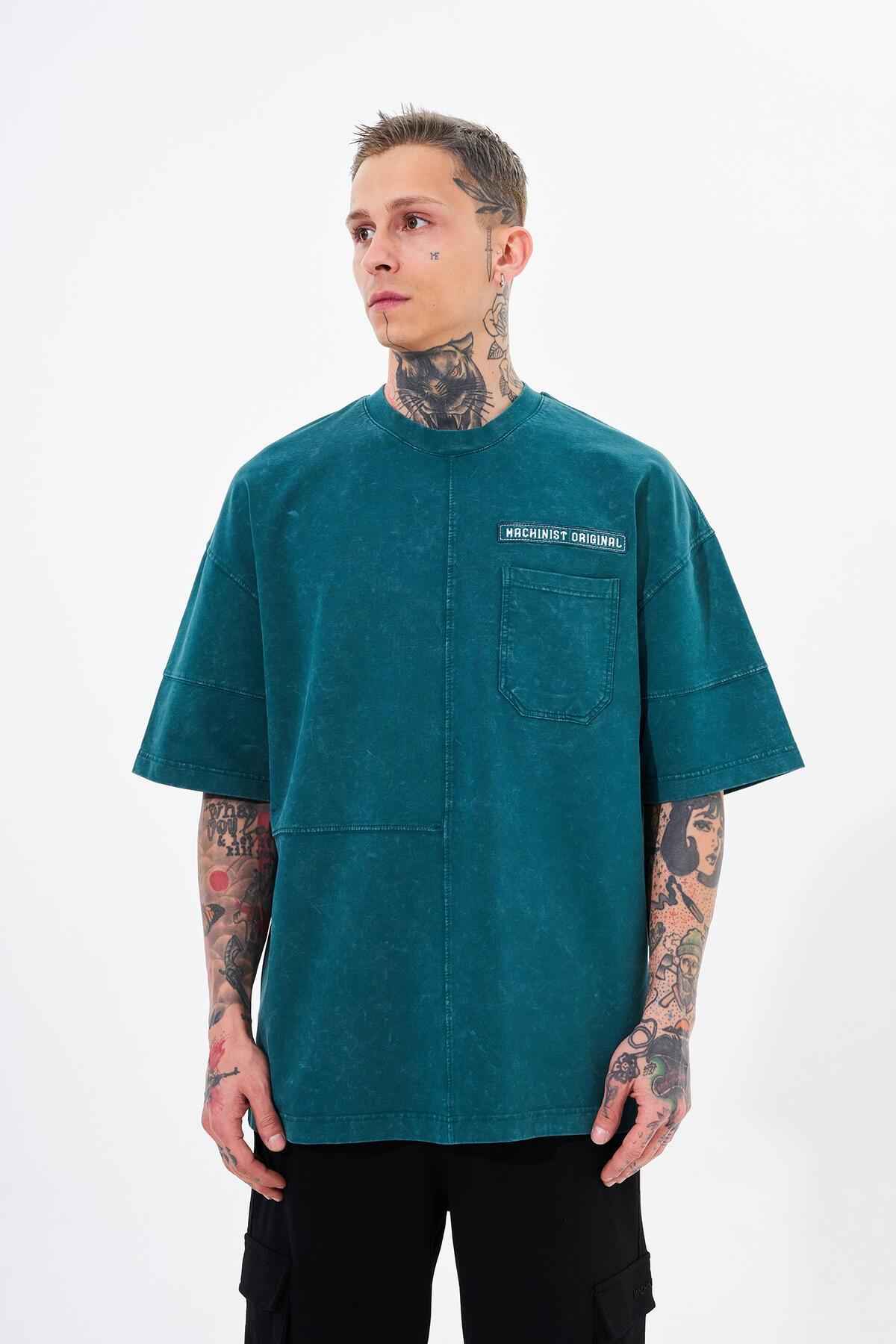 تیشرت نیلی جیبی مردانه سایز بزرگ شسته شده