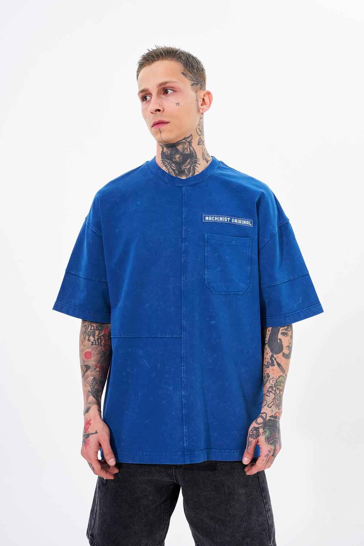 تیشرت نیلی جیبی مردانه سایز بزرگ شسته شده