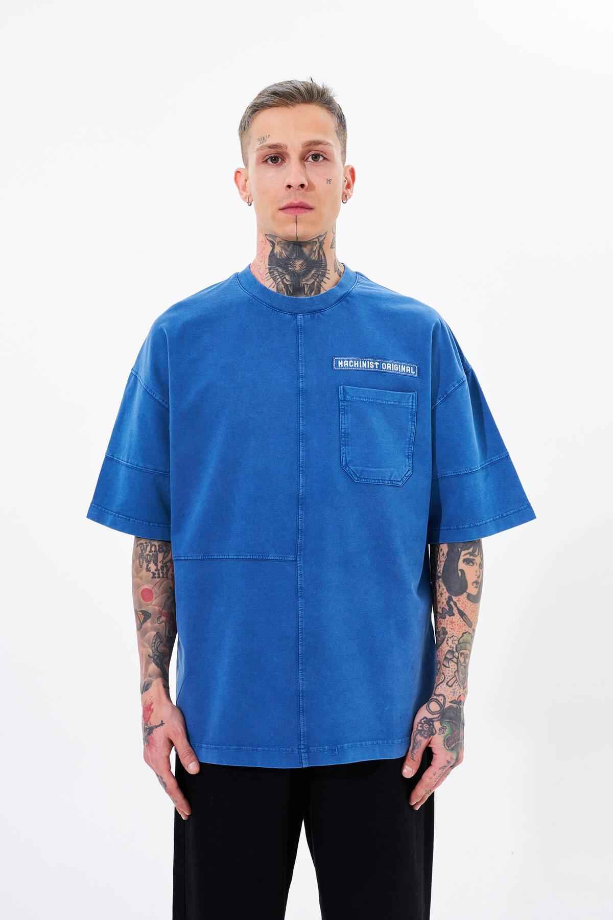 تیشرت نیلی جیبی مردانه سایز بزرگ شسته شده