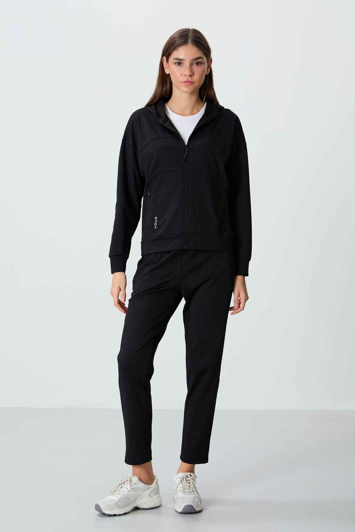 ست لباس ورزشی پارچه ای غواصی زنانه کلاهدار چاغلا با جزئیات جیب مخفی - 95306