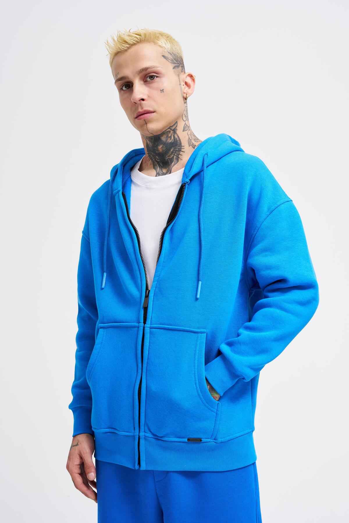 سویشرت ساده زیپ دار جیب دار یاسی یخی