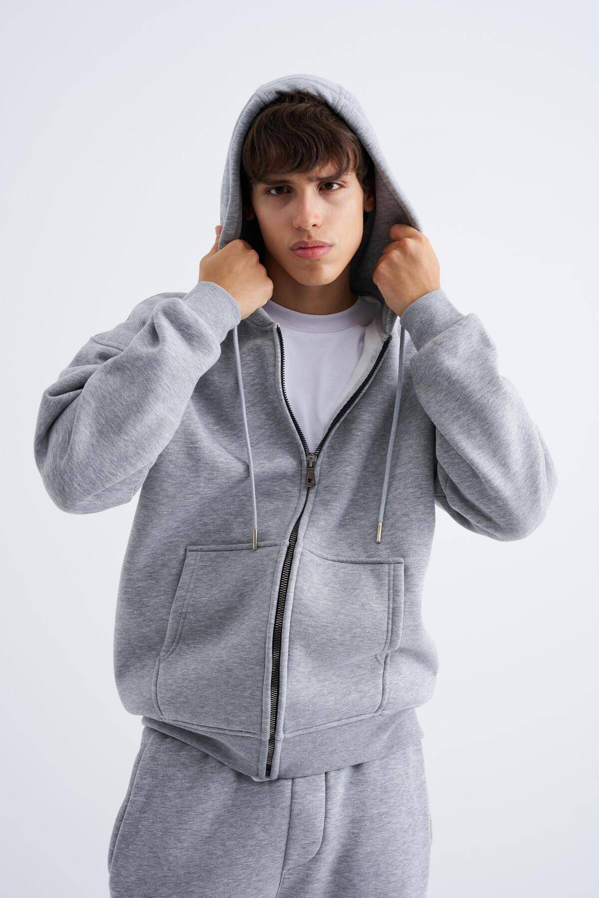 سویشرت ساده زیپ دار جیب دار یاسی یخی