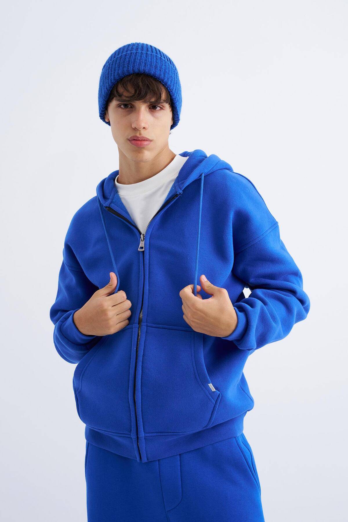 سویشرت ساده زیپ دار جیب دار یاسی یخی