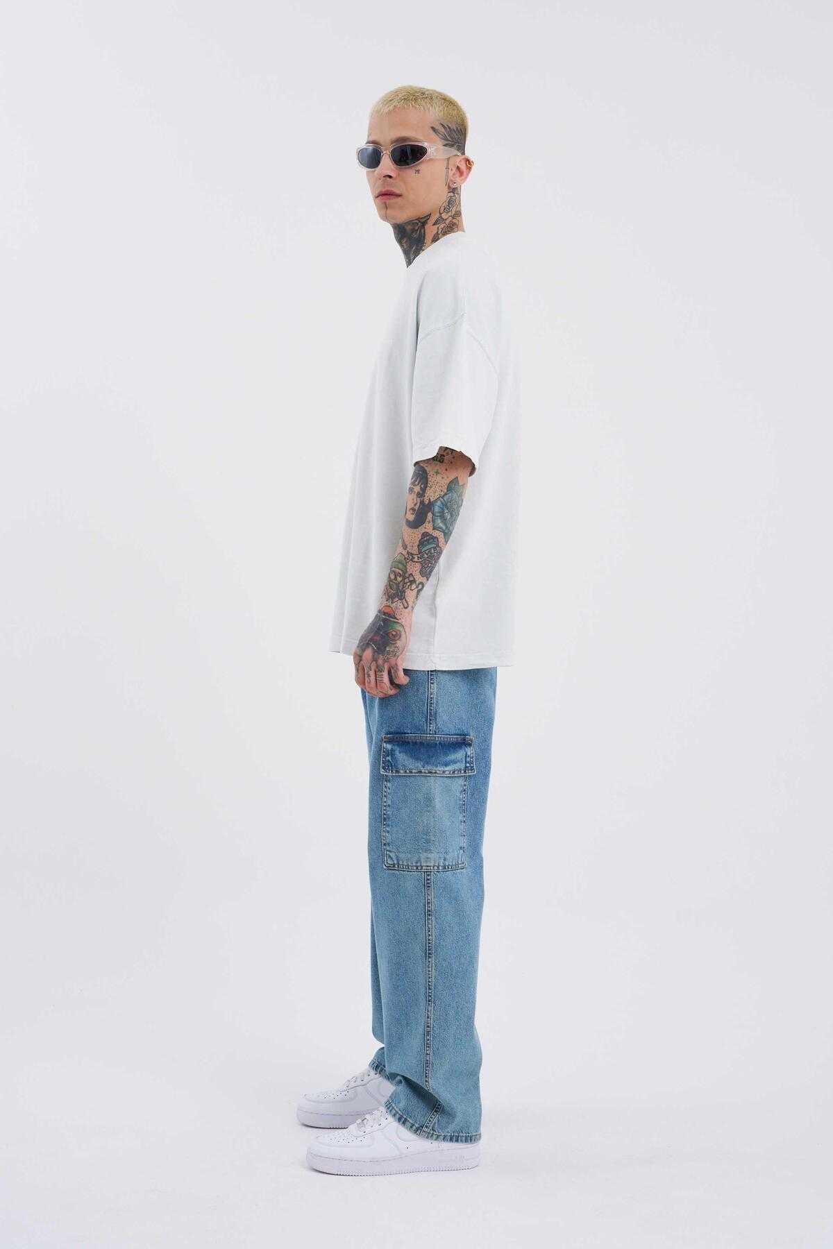 شلوار جین گشاد با جیبی باری آبی دریایی