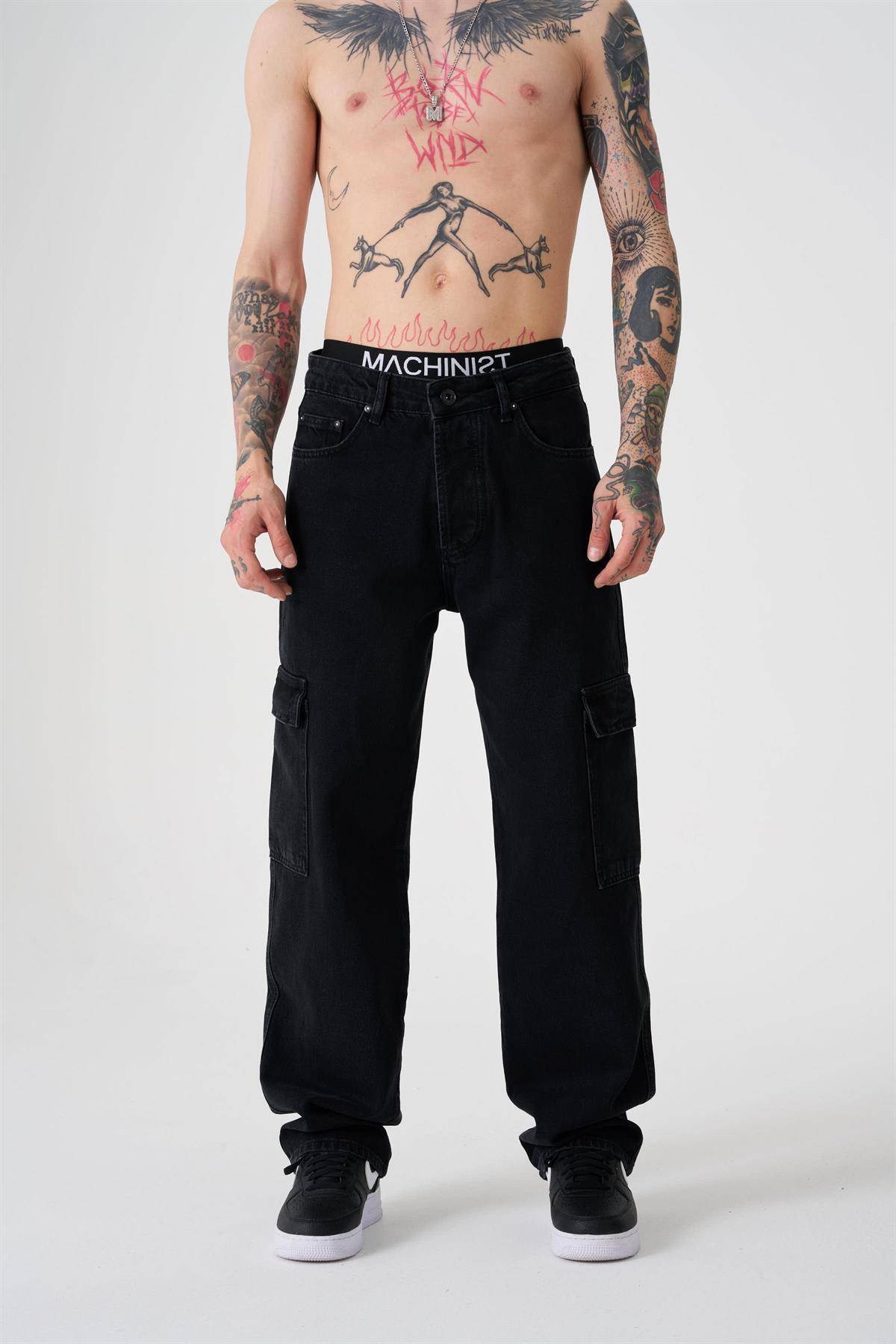 شلوار جین گشاد با جیبی باری آبی دریایی