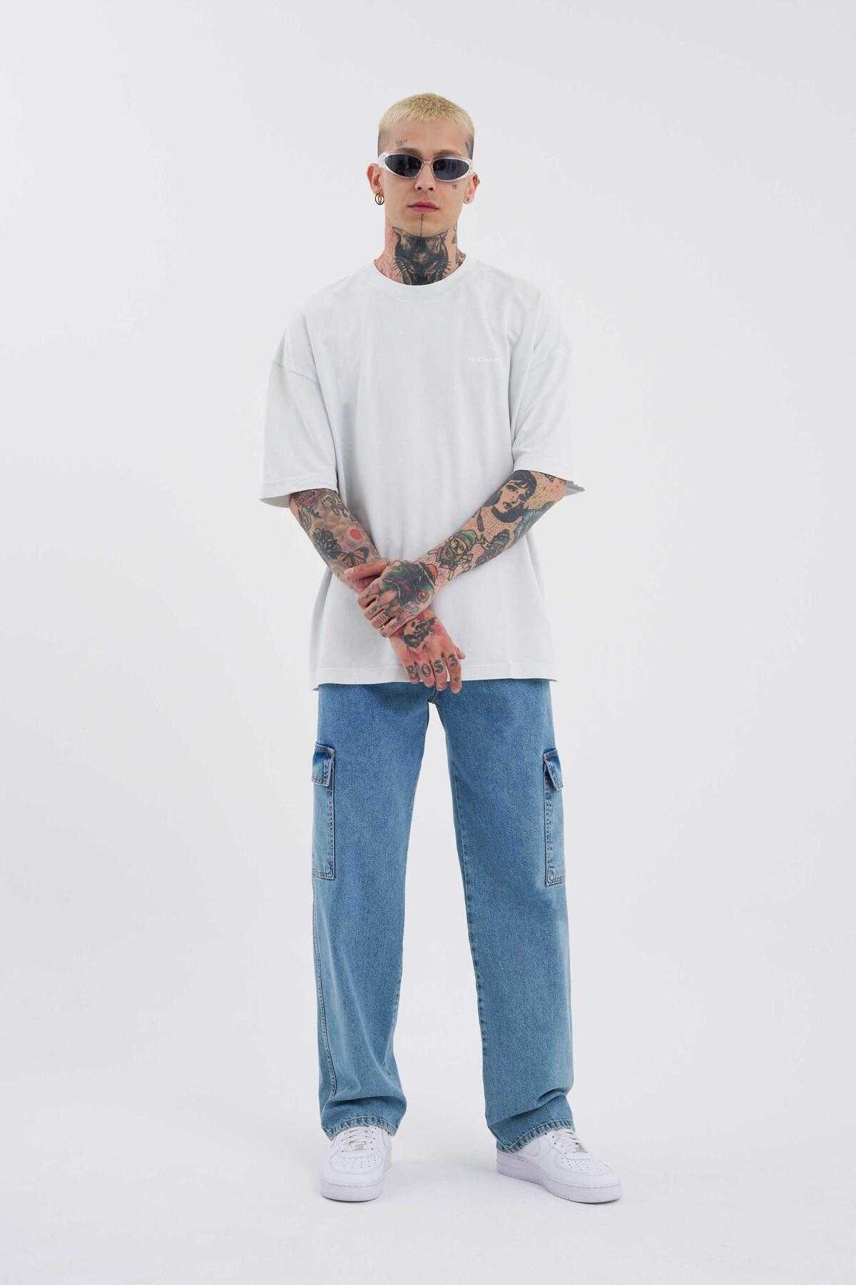 شلوار جین گشاد با جیبی باری آبی دریایی