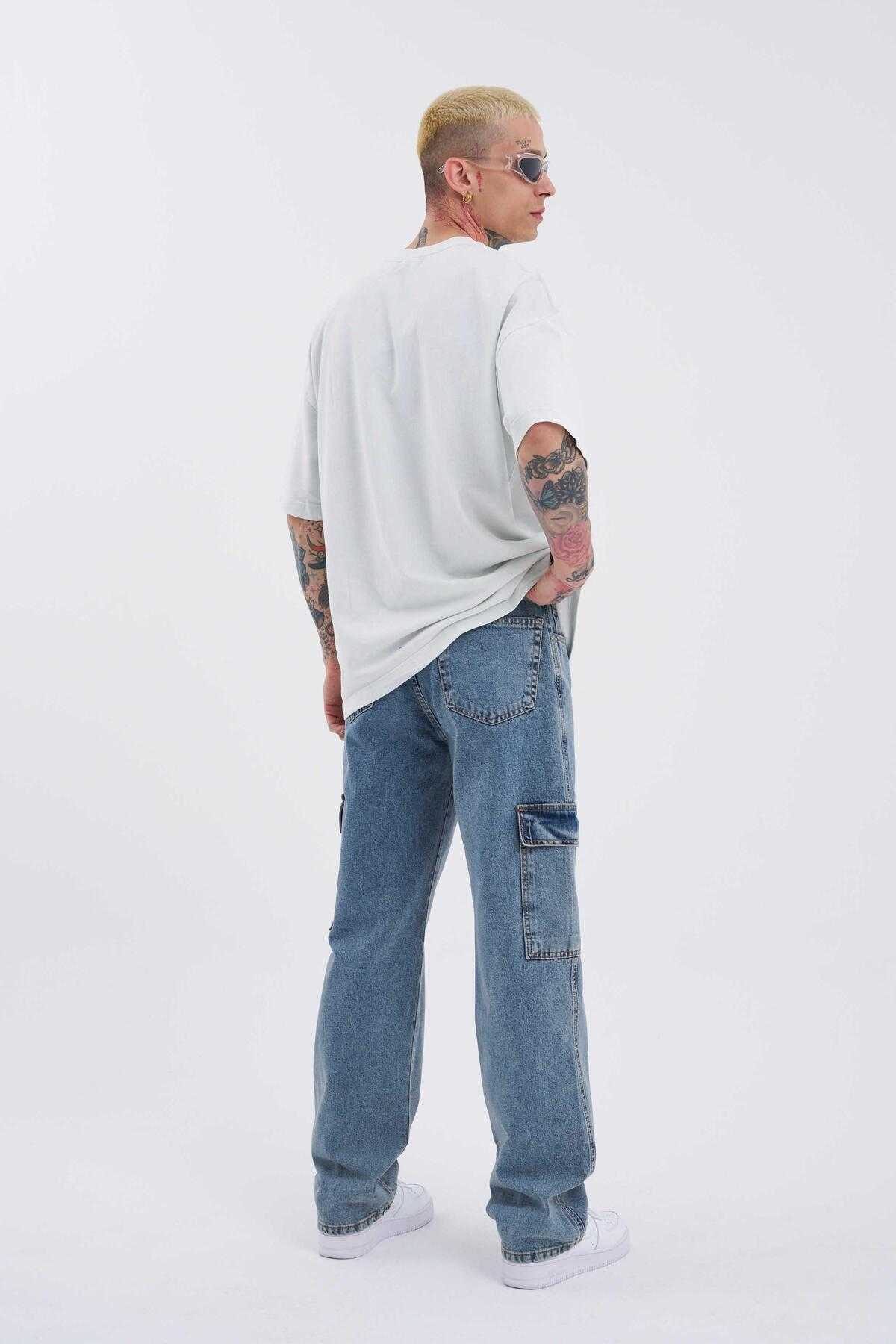 شلوار جین گشاد با جیبی باری آبی دریایی