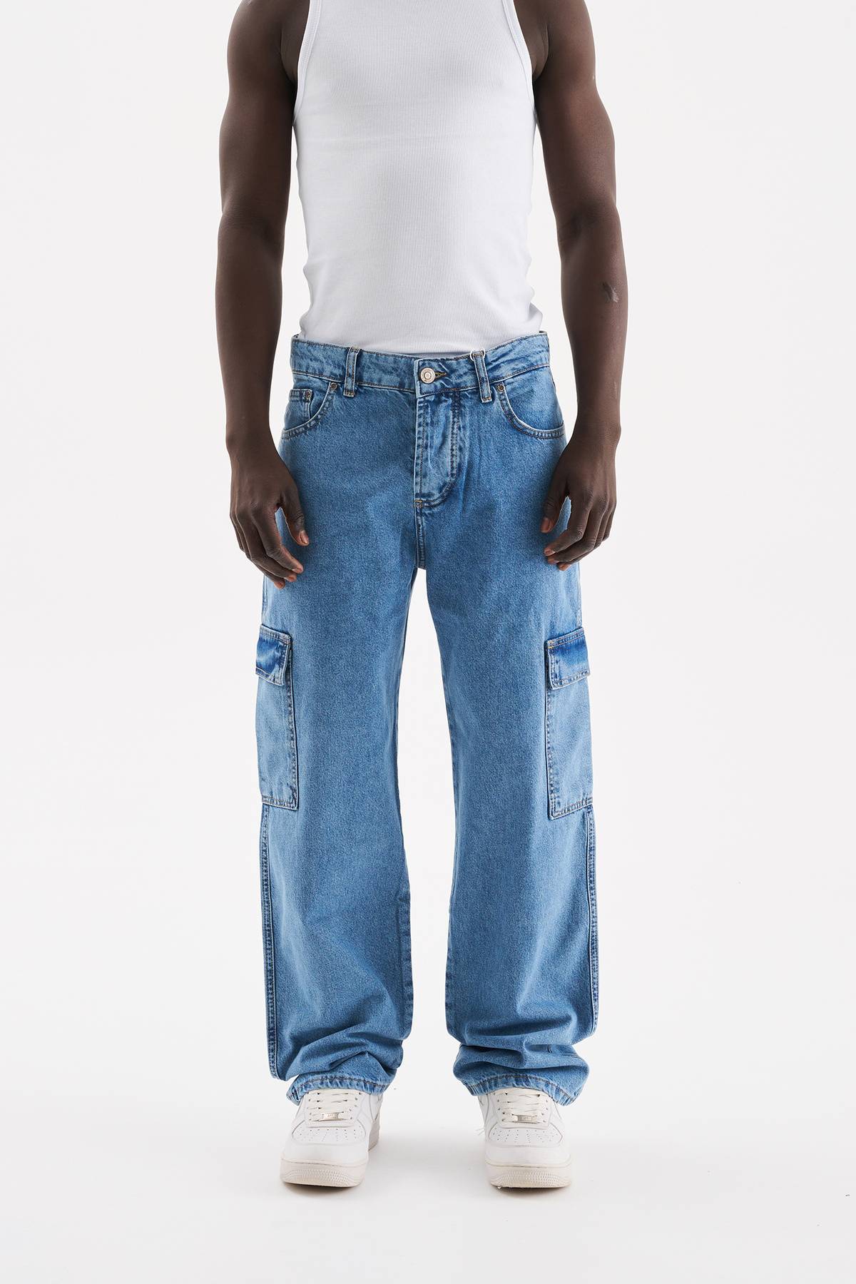 شلوار جین گشاد با جیبی باری آبی دریایی